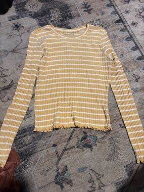 American Eagle Outfitters Mustard and White Striped Ribbed Long-Sleeve Top